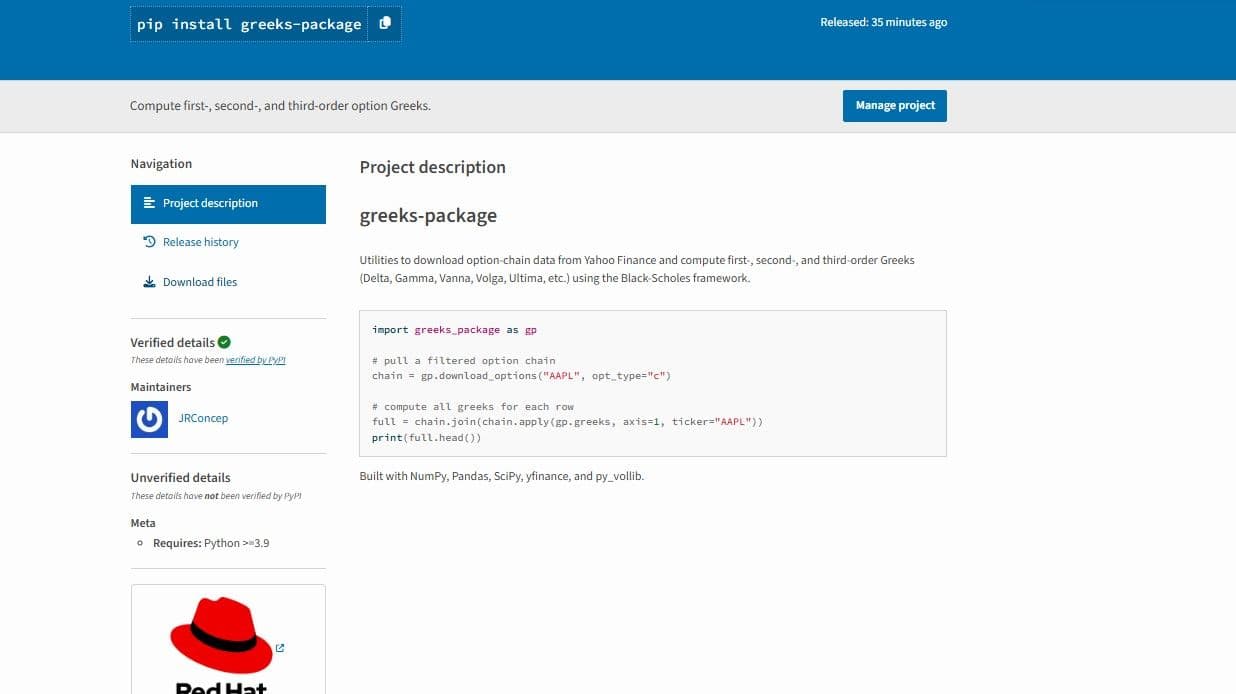 Equity Option Greeks Python Package